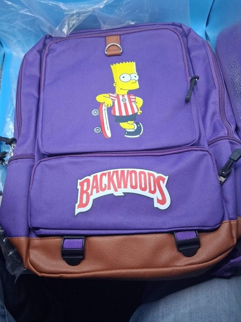 Purple Backpack with Brown Trim and Skate Graphic